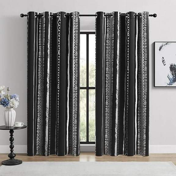 Black And Silver Curtains 100% Blackout, African Afrocentric Tribal Silver Foil Pattern – Thermal Insulated, Noise Reducing, Grommet Top 26"W x 54"L (Pack of 2)