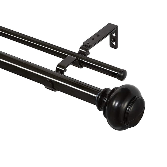 Black/Silver Double Window Rod Adjustable Curtain Rod Finial Set - 36" - 72"