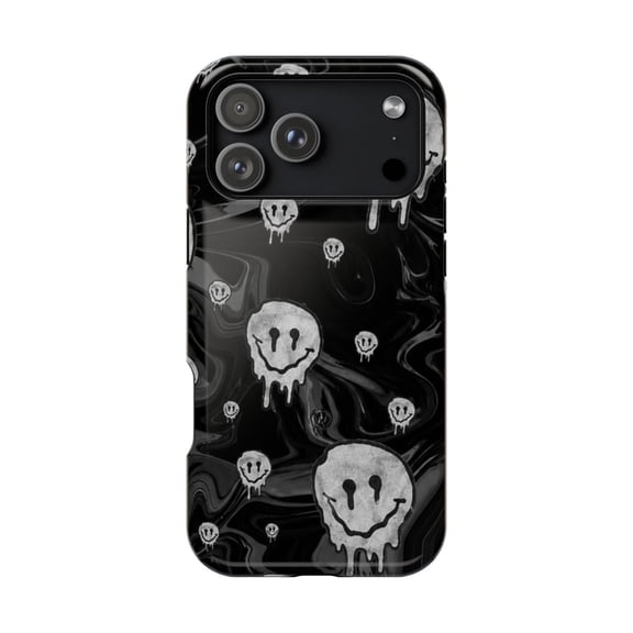 Black Silver Dripping Smiley Tough Case for iPhone 18 Pro & 18 Pro Max, Dual-Layer Grunge Protection