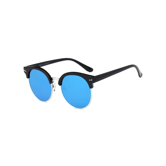 Black & Silver Frame Half-Rim Sunglasses, Blue Mirror Lens - Women's UV400 Protection Fashion Eyewear for Vacation & Party