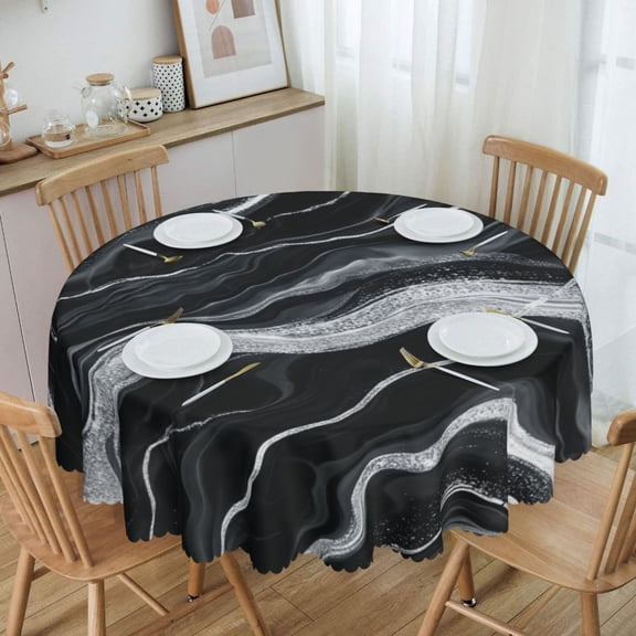 Black Silver Glitter Marble Agate Round Texture Round Tablecloth Waterproof Oil Proof Spill Proof Table Cloth 70" for Camping, Dining, Indoor and Outdoor Table Cover