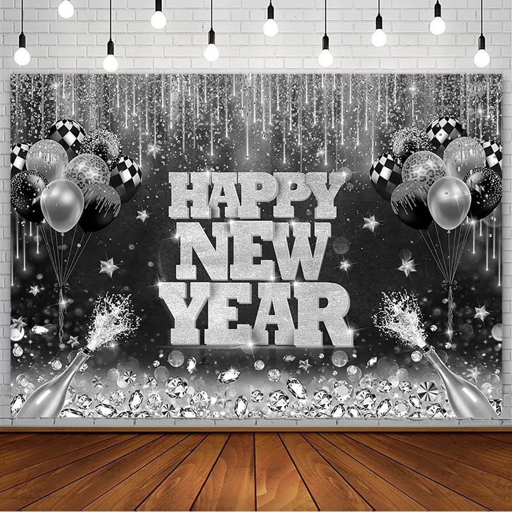 Black and Silver Happy New Year Backdrop Countdown Party Hello 2025 ...