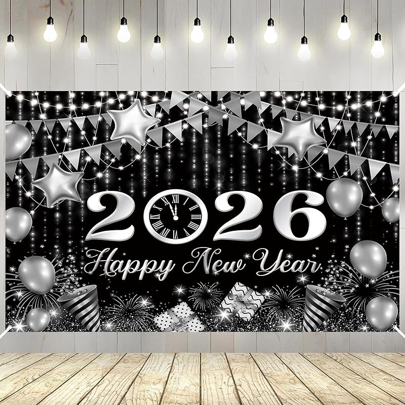 Black and Silver Happy New Year Backdrop Countdown Party Hello 2026 ...