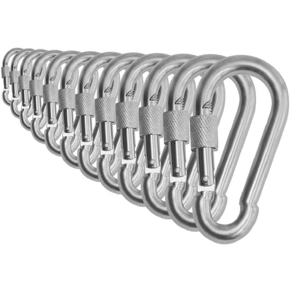 Black & Silver Heavy Duty Bushcraft Locking Thumb Screw Closure Zinc-Galvanized Steel Carabiner Spring Snap Clip Link Hooks 200-400lb Load. 6 & 12 Packs