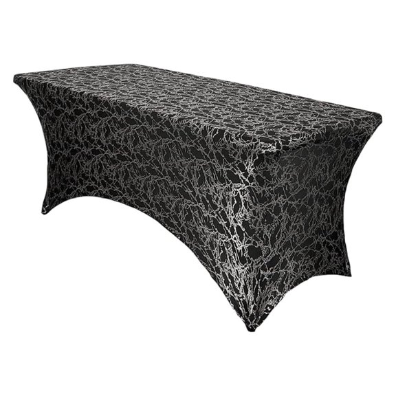 Black & Silver Marbling 6ft Rectangular Spandex Fitted Tablecloth Wedding Event Patio Decorations Elastic Fabric Stretch Cover