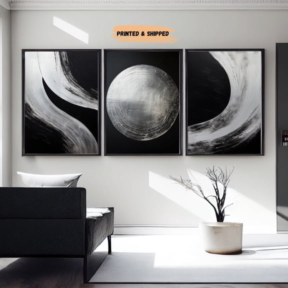 Black Silver Minimal Abstract Wall Art Set 3 Stretched Canvas 12x18