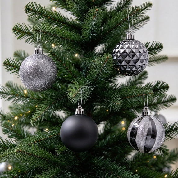 Black Silver Plastic Christmas Ball Ornament Set of 16, 2.36