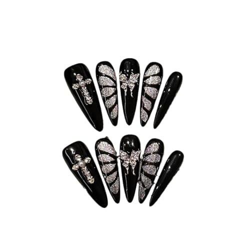 Black and Silver Press On Nails, Butterfly Design Cat Eye False Nails Set, Long Stiletto Shape, Handmade Gothic Glamorous Manicure, 10 Pieces (XS, LS)