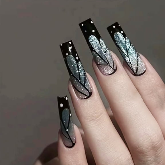 Black Silver Press on Nails Long Square Fake Nails Glitter Shimmer Geometric Wing Design Full Cover Adhesive Press Ons Glossy Acrylic False Nails Nail Tips for Party Home Manicure 24 Pcs