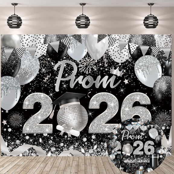 Black Silver Prom 2026 Backdrop Silver Class of 2026 Graduation Prom Night Background Congrats Grad Party Decorations Banner Supplies Photo Booth Props