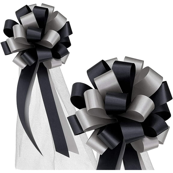 Black and Silver Pull Bows with Tulle Tails - 8" Wide, Set of 6, Wedding Pew Bows, Aisle Decoration, Christmas, Reception, Anniversary, School Dance, Fundraiser, Classroom, Office, Decoration