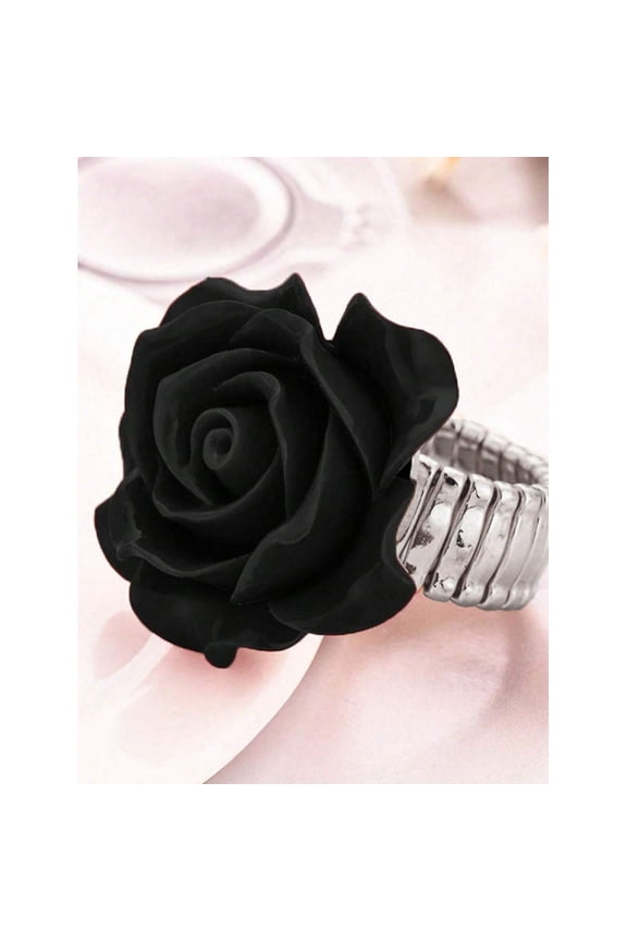 Black-Silver Rose Flower Statement Ring, Minimalist Floral Jewelry For Bridal, Valentines Day Or Mothers Day Gift