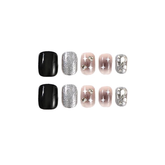 Black Silver Sheer Pink Star Rhinestone Glitter Press on Nails, Short Squoval Glossy False Nails, 24 Count