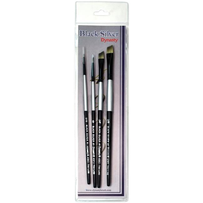 Black Silver Short Handle Brush Set 4/PkgAngle 1/4 & 3/8, Round 0