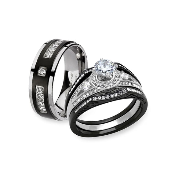 Black & Silver Stainless Steel & Titanium His & Her 4pc Wedding Ring Band Set Size Women's 05 Men's 07