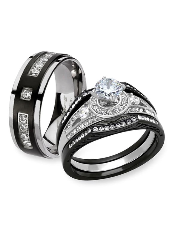Black & Silver Stainless Steel & Titanium His & Her 4pc Wedding Ring Band Set Size Women's 06 Men's 08