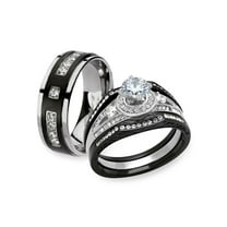 Black & Silver Stainless Steel & Titanium His & Her 4pc Wedding Ring Band Set Size Women's 10 Men's 07