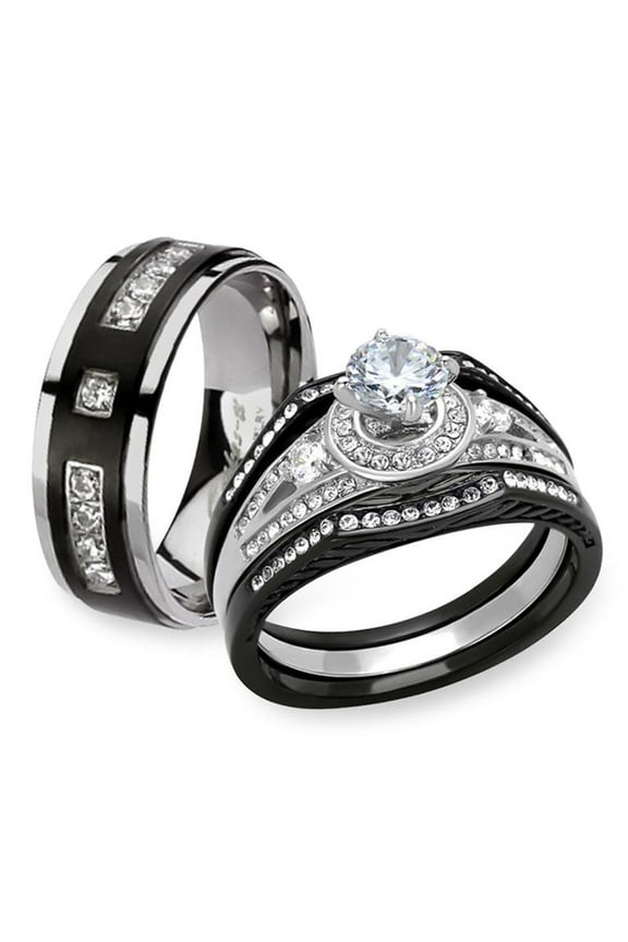 Black & Silver Stainless Steel & Titanium His & Her 4pc Wedding Ring Band Set Size Women's 10 Men's 07
