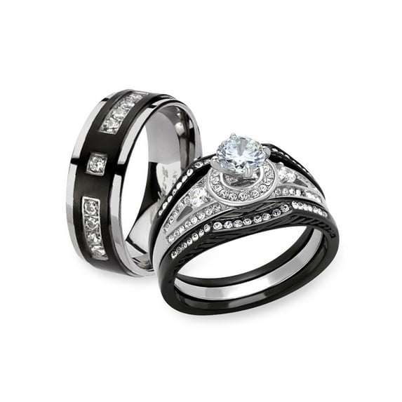 Black & Silver Stainless Steel & Titanium His & Her 4pc Wedding Ring Band Set Size Women's 10 Men's 10