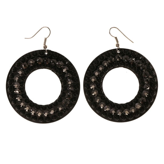 Black & Silver-Tone Colored Metal Dangle-Earrings With Crystal Accents #LQE2413