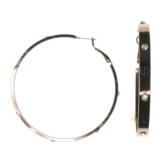 Black & Silver-Tone Colored Metal Hoop-Earrings With Crystal Accents #5088
