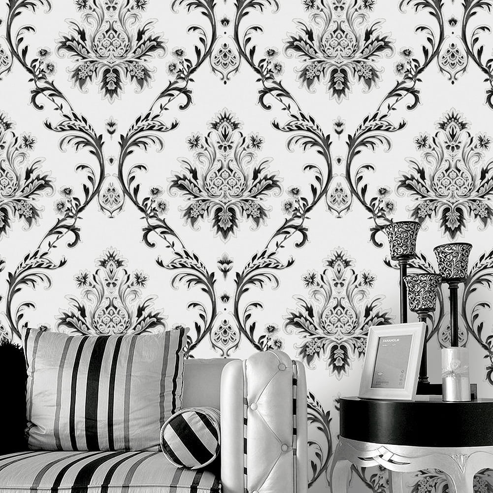 Black/Silver/White/Gray Damask Embossed Textured Thick Wallpaper Roll for Living Room Bedroom Decorative 20.86“ x 32.8'