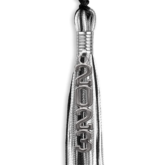 Black/Silver/White Mixed Color Graduation Tassel with Silver Stacked Date Drop