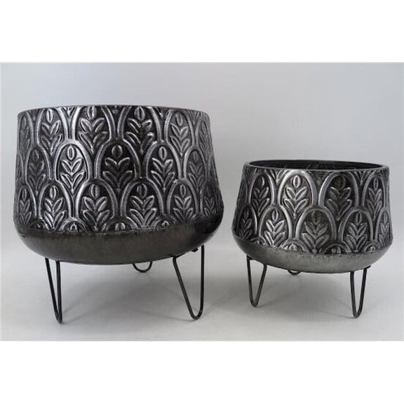 Black & Silver with Leaf Pattern on Metal Legs Planters, Set of 2