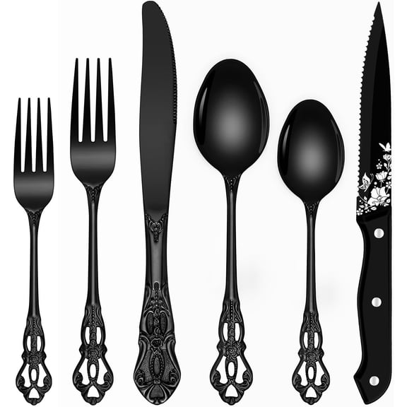 Black Silverware Set,  24 count Retro Royal Silverware Flatware Set for 4 with Spoons Forks Steak  Set, Mirror Polished Stainless Steel  Black Utensils Set, Dishwasher Safe