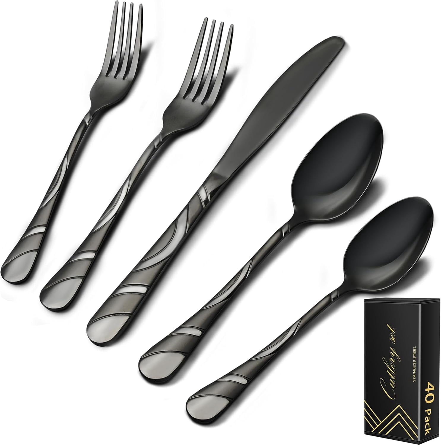 Black Silverware Set for 8, 18/0 Stainless Steel 40-Piece Frosted ...