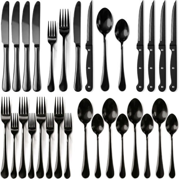 Black Silverware Set with Steak Knives, 24 Piece Heavy Weight Stainless Steel Flatware Set for 4, 2.2mm Thick Matte Black Cutlery, Dishwasher Safe Modern Kitchen Utensil Set, Gift Box