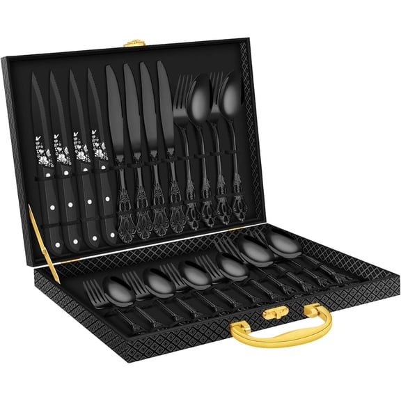Black Silverware Set with Steak Knives, 24PCS Retro Royal Flatware Set for 4 wi