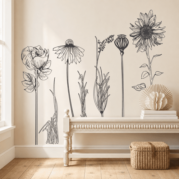 Black Simple Flower Set Wall Decals & Stickers, 2 Sheets Boho Floral Art Decor