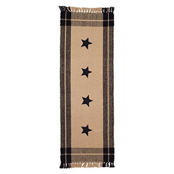 Black Simply Stars Plaid Border 13 x 36 Woven Cotton with Fringe Table Runner