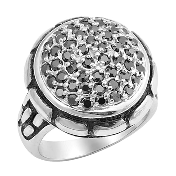 Black Simulated CZ Large Circle Bling Wide Ring ( Sizes 6 7 8 9 10 ) New .925 Sterling Silver Band Rings (Size 6)
