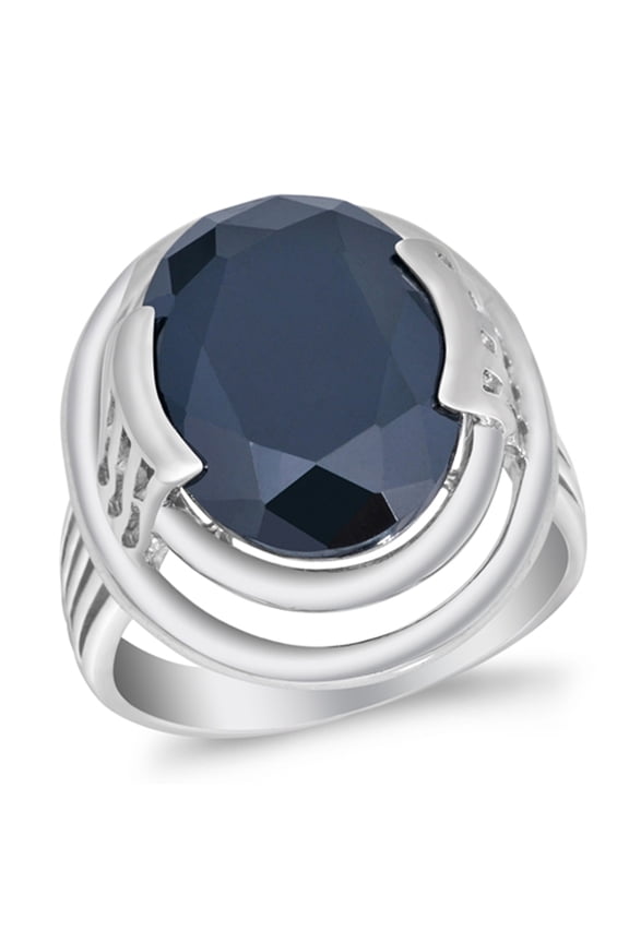 Black Simulated CZ Wide Oval Big Open Raised Ring ( Sizes 6 7 8 9 10 ) New .925 Sterling Silver Band Rings (Size 10)