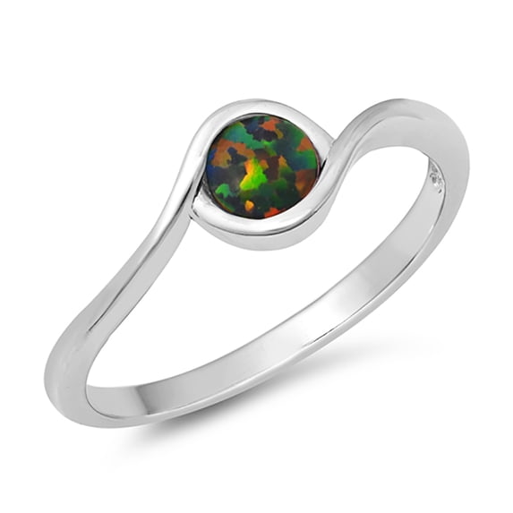 Black Simulated Opal Round Tension Ring Sterling Silver Size 6