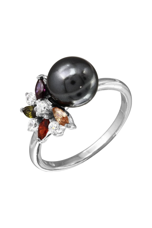 Black Simulated Pearl With Multi Color Cubic Zirconia Flower Ring Rhodium Plated Sterling Silver Size 5