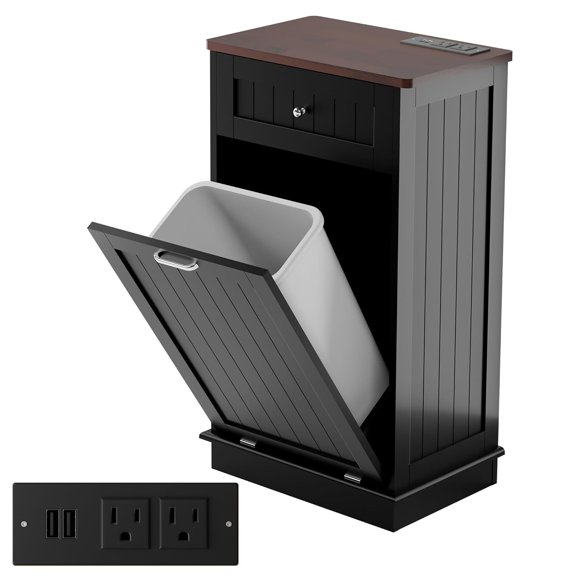 Black Single Door Double Tilt-Out Trash Cabinet with Power Outlet, 10-Gallon Pet-Proof Trash Can with AC and USB Sockets