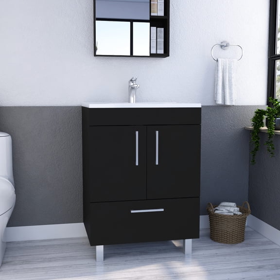 Black Single Vanity, One Draw Double - Door Storage Unit - Hold Towels & Toothbrushes - Bathroom Corner - FSC Certified