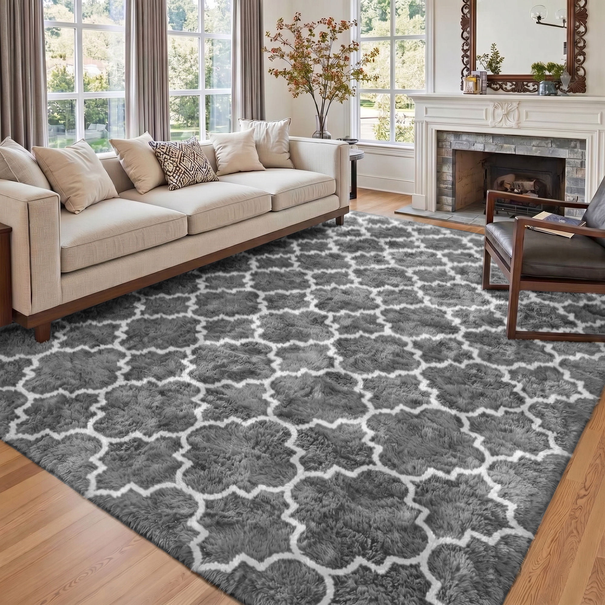 Pentantan Shag Area Rug, 5ft x 8ft Geometric Soft Fluffy Rugs for Living Room Bedroom Indoor Carpet, Gray & White