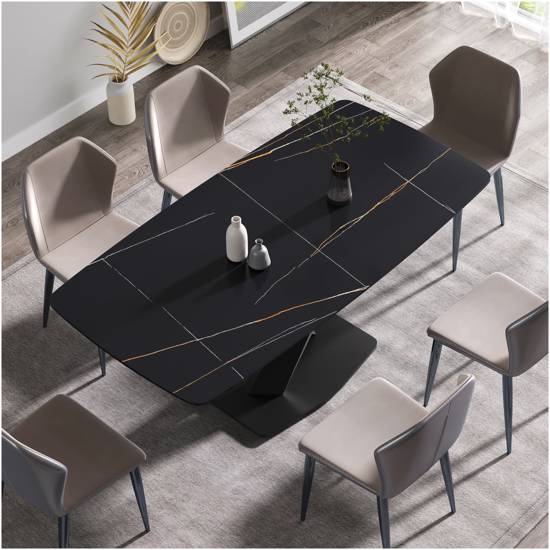 Black Sintered Stone Dining Table for 8 with Modern X-Base, Rectangular ...