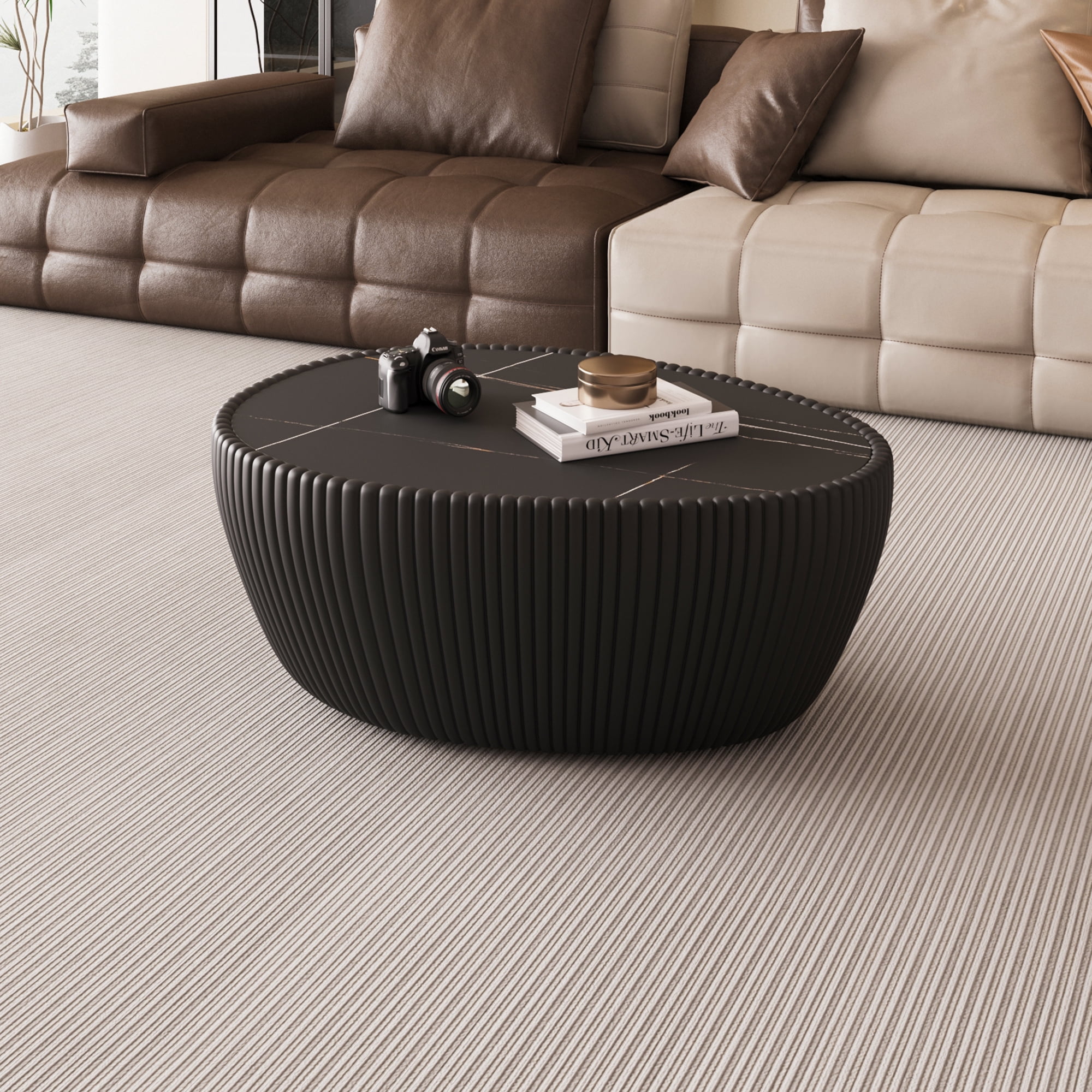 Black Sintered stone Top goose eggs Shape Leather Coffee modern Sofa ...