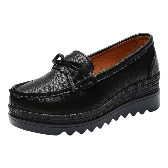 Vintage Leather Platform Wedge Loafers for Women Bowknot Slip On Low Top Dress Shoes Moc Toe Wide Width Non Slip Walking Shoes Black Size 7