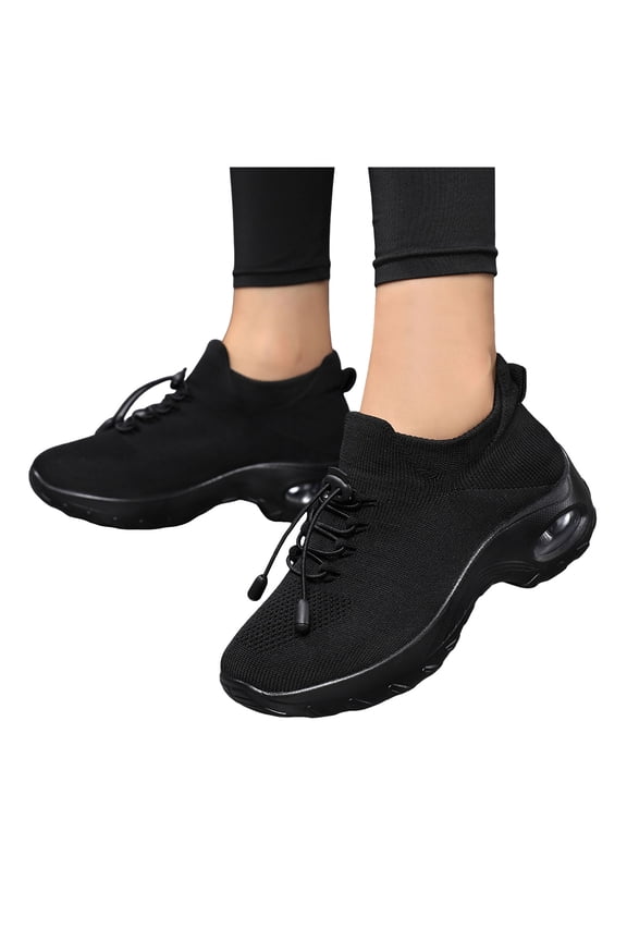 Womens Lace Up Sneakers Breathable Orthopedic Comfortable Non Slip Walking Shoes Casual Stretchy Athletic Sock Shoes Black Size 8.5