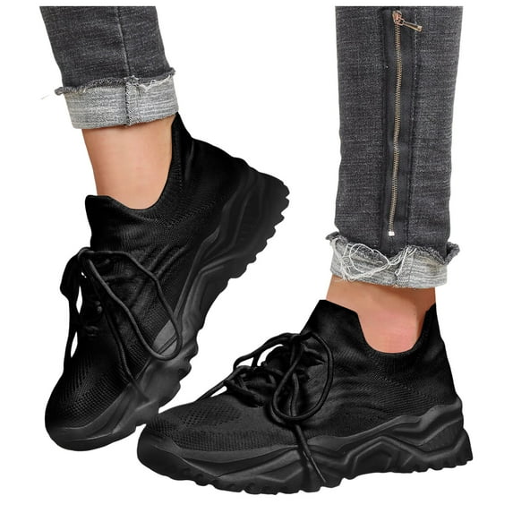 Breathable Platform Lace Up Running Shoes Lightweight Knit Slip On Sneakers Casual Non Slip Tennis Shoes Black Size 9