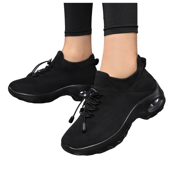 Womens Lace Up Sneakers Breathable Orthopedic Comfortable Non Slip Walking Shoes Casual Stretchy Athletic Sock Shoes Black Size 9