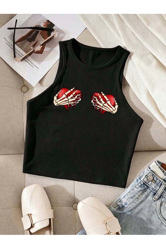 Black Skeleton Hand Heart Graphic Crop Tank Top, Womens Sleeveless Ribbed Fitted Summer Top