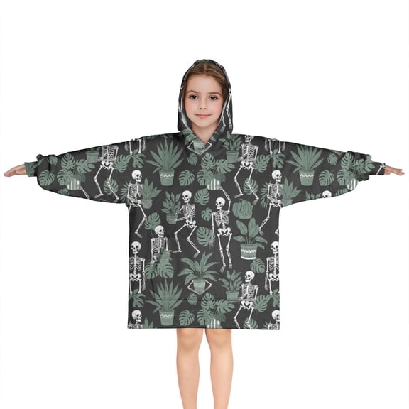 Black Skeleton Plant Pattern Blanket Hoodies for Kids 6-13YR Oversize Wearable Blanket Hoodies for Boys Girls Teens