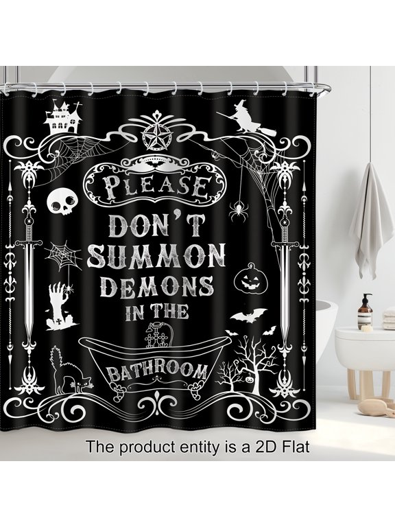 Black Skeleton Polyester Shower Curtain, Halloween Gothic Rules Spooky Pumpkin Bat Cat Horror Polyester Shower Curtain with 12 Hooks,72x72 inch